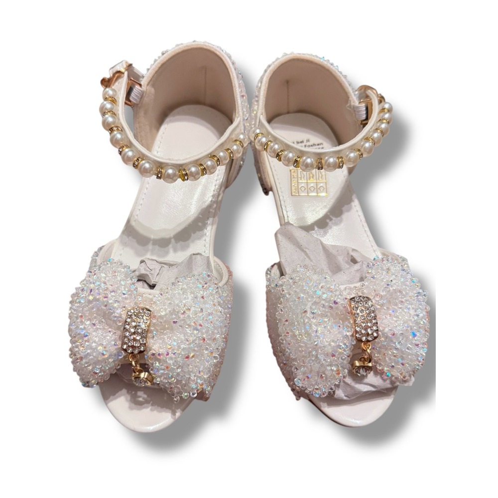 SaiBeiji Kids Girls White Sparkle Bow Pearl Strap Dress Shoes Sz 11.5 wedding